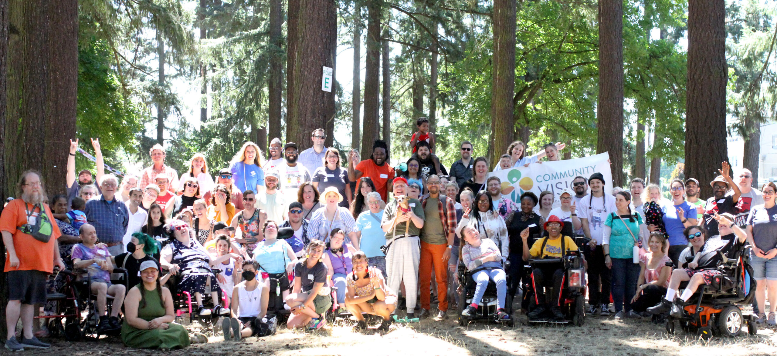 A large diverse group of people gathered on a summer afternoon under the shade of tall Douglas Fir trees